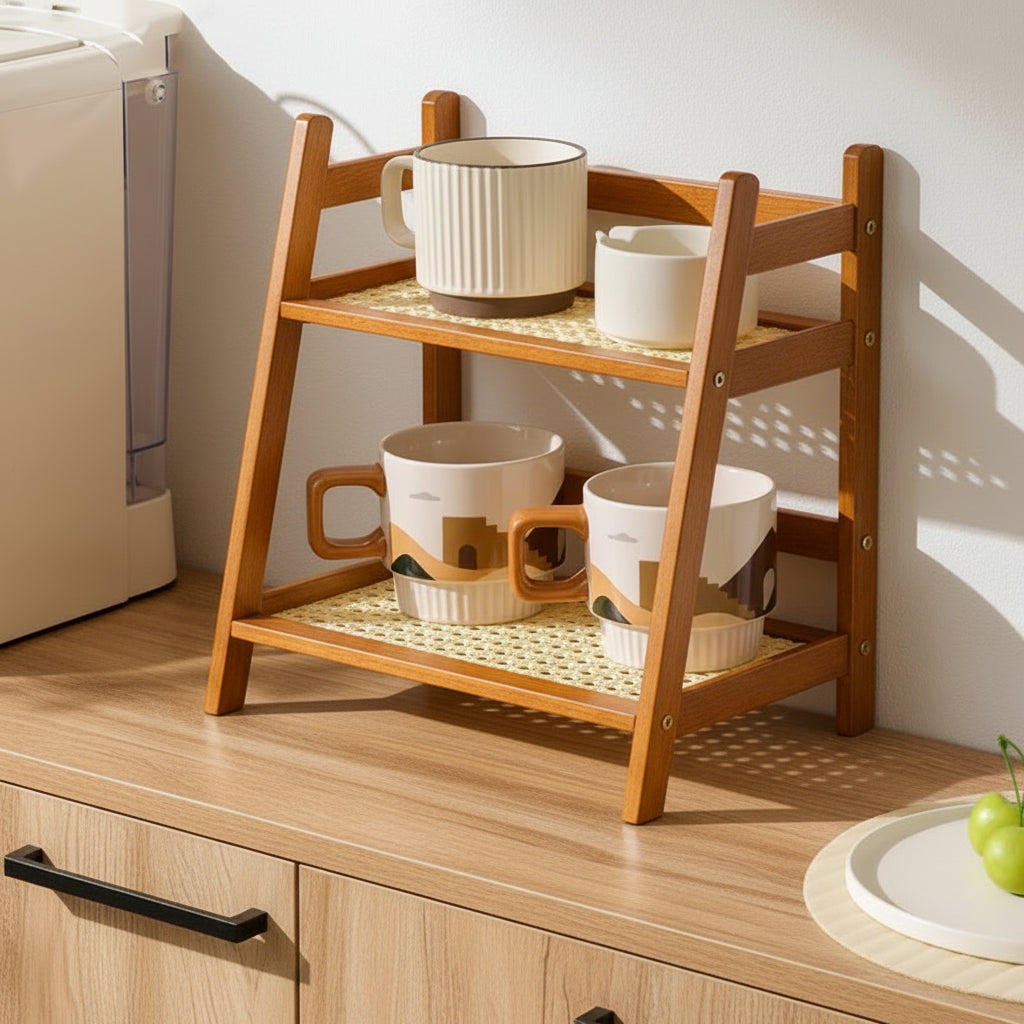 Organizador de Bancada em Bambu – Prateleira Dupla para Café, Temperos e Xícaras