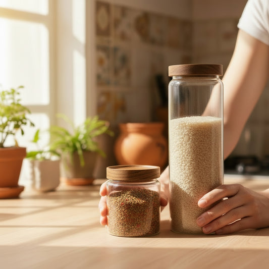 Pote de Vidro com Tampa de Madeira – Organização Natural para a Cozinha