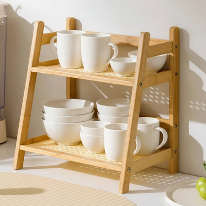 Organizador de Bancada em Bambu – Prateleira Dupla para Café, Temperos e Xícaras