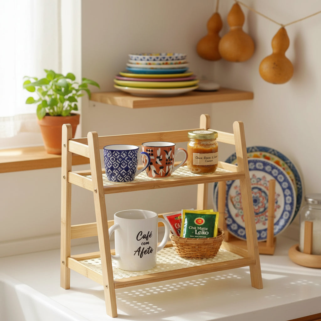 Organizador de Bancada em Bambu – Prateleira Dupla para Café, Temperos e Xícaras